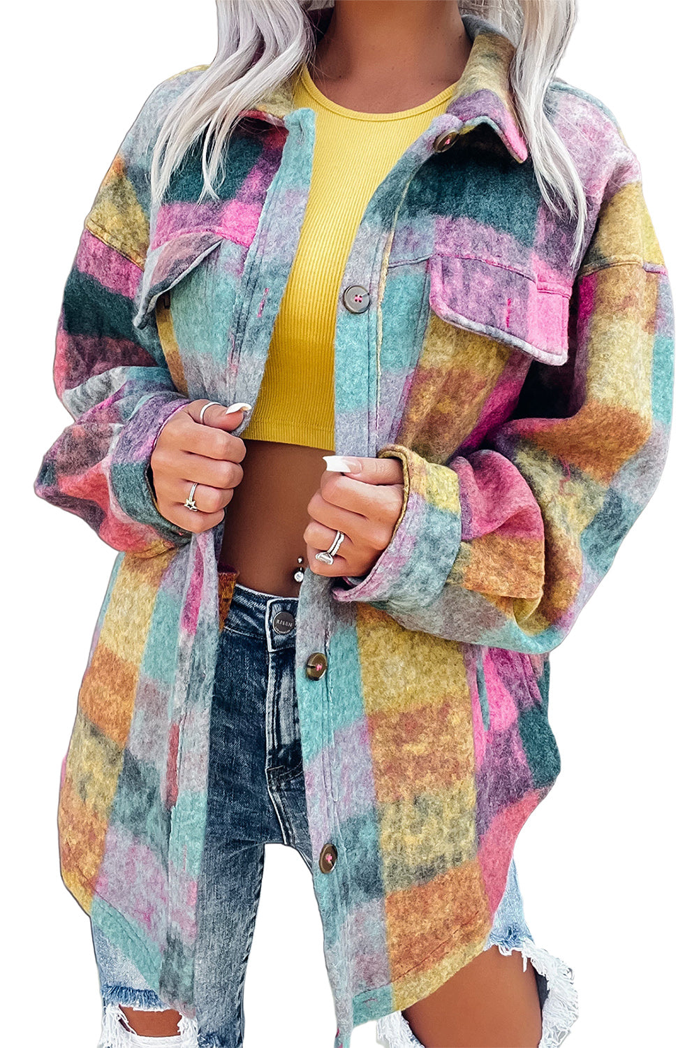 Multicolor Brushed Checked Western Buttoned Jacket