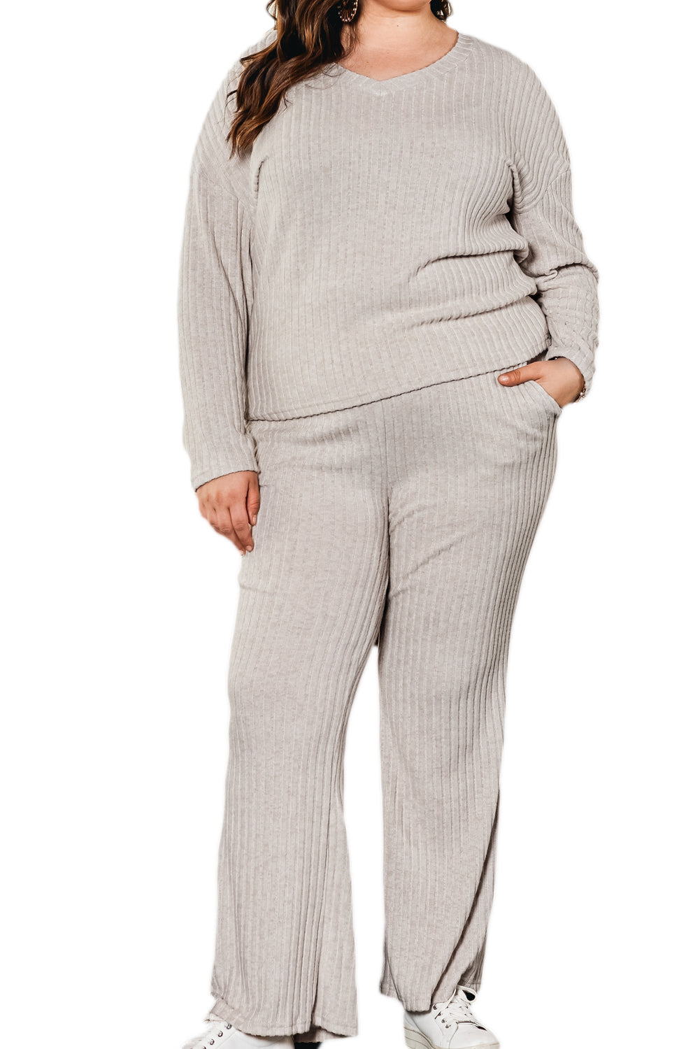Apricot Plain Ribbed Loose Fit Two Piece Lounge Set