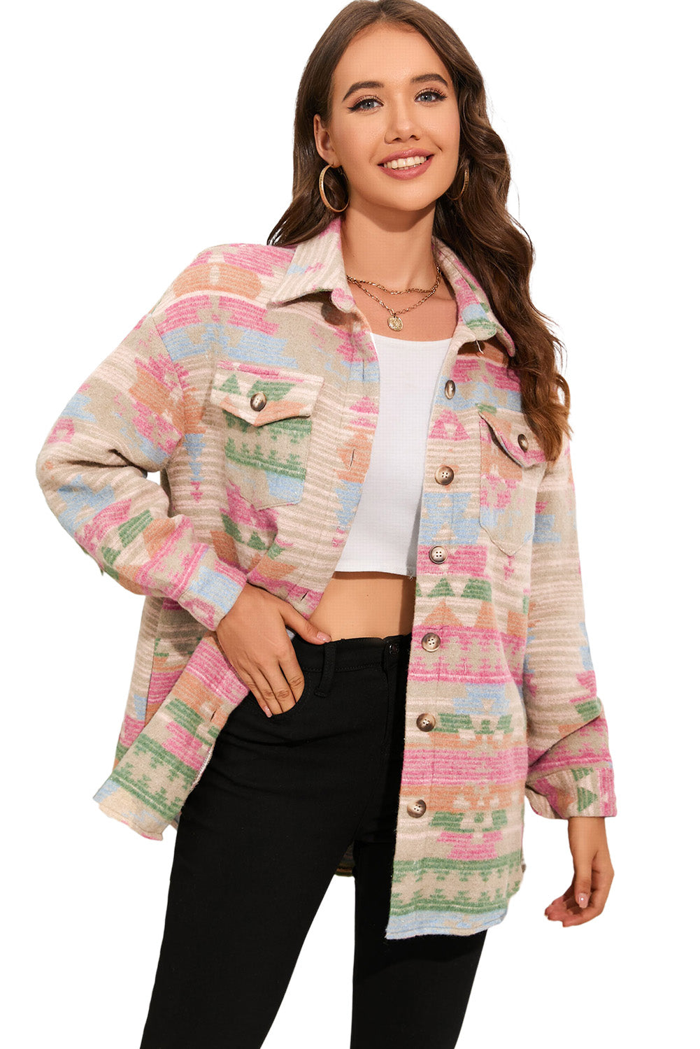 Multicolor Western Aztec Print Button Flap Pocket Shacket