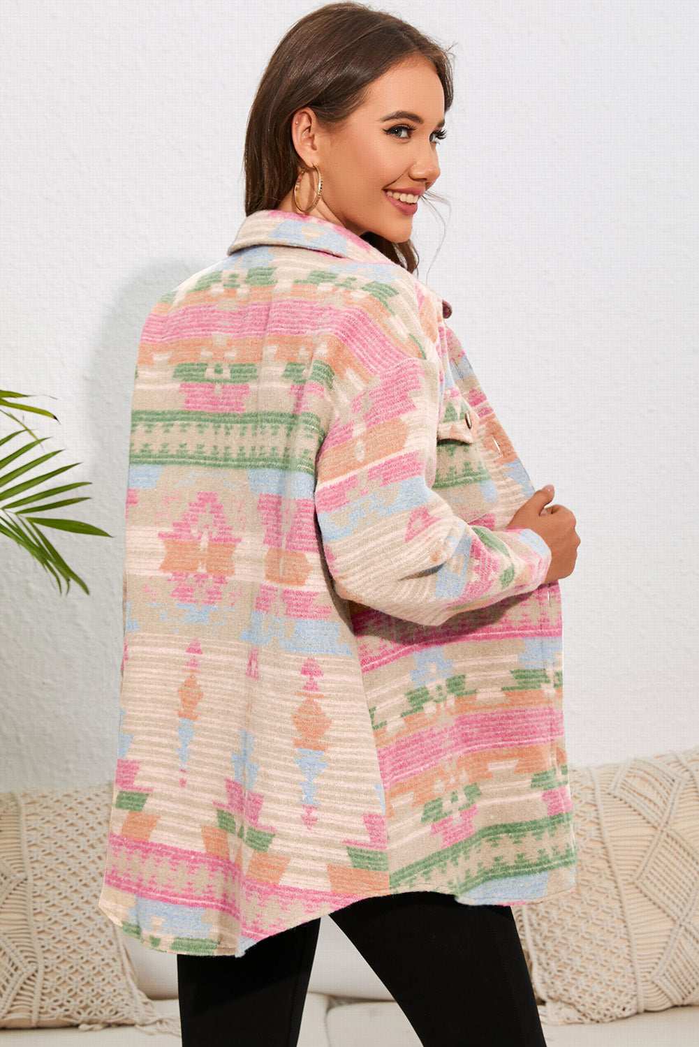 Multicolor Western Aztec Print Button Flap Pocket Shacket